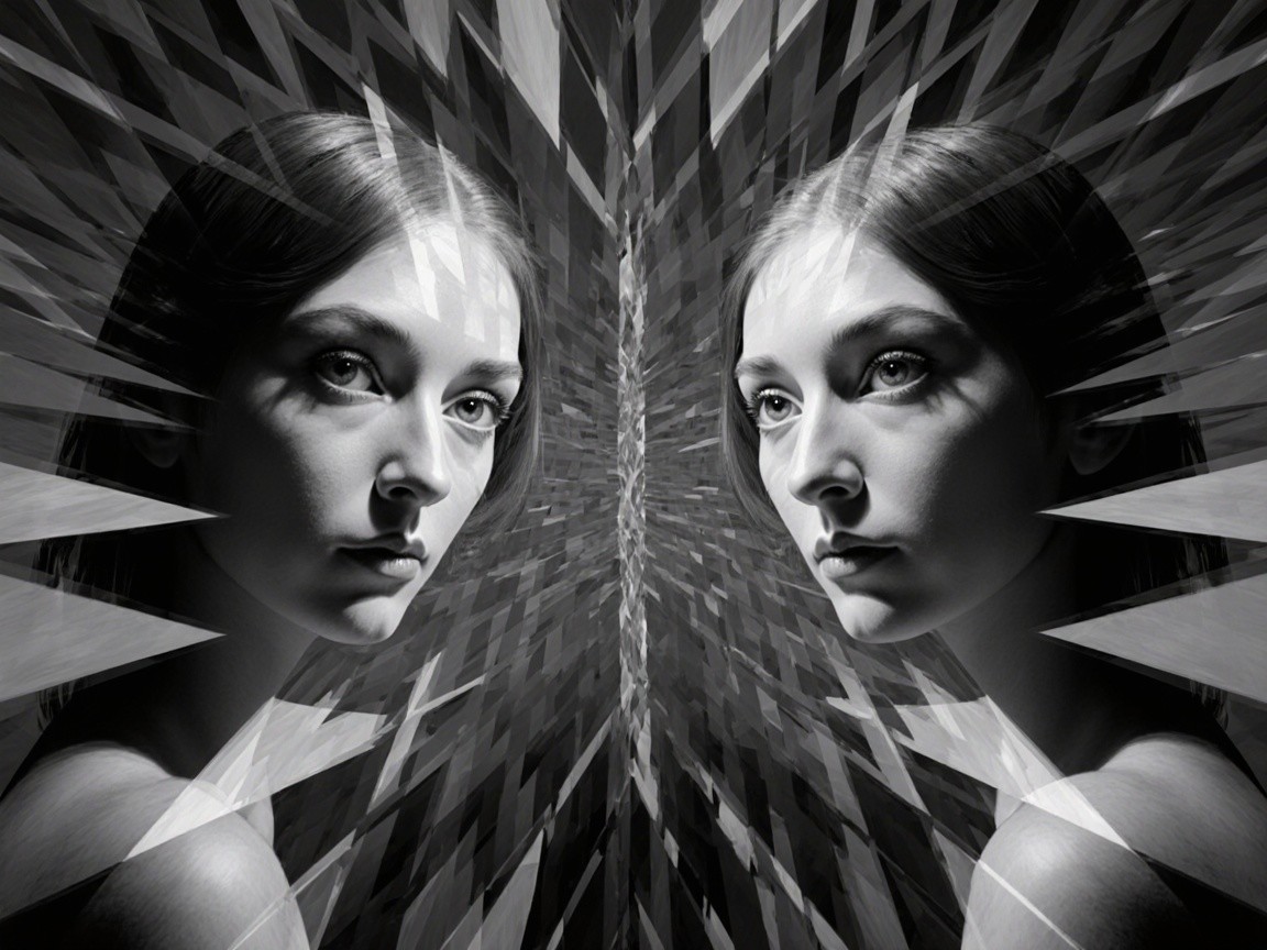 Black-and-white portrait of mirrored ethereal faces