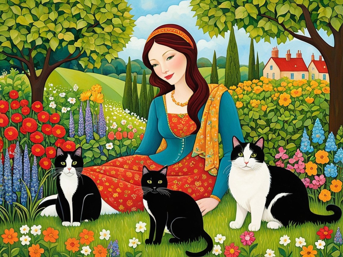 Serene Woman in Colorful Garden with Cats and Flowers