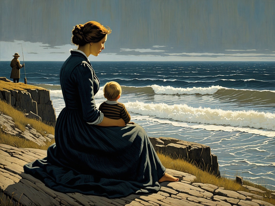 Coastal Scene with Woman and Child by the Ocean