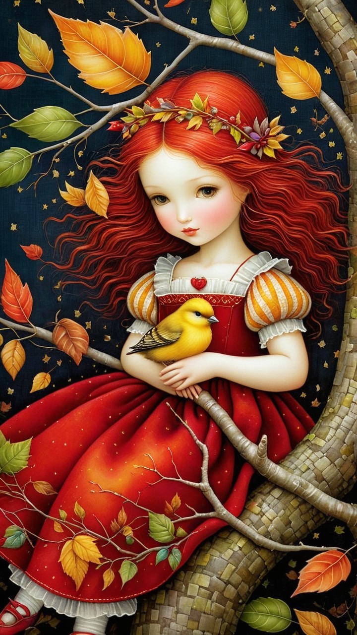 Whimsical Illustration of a Girl with a Bird in Autumn