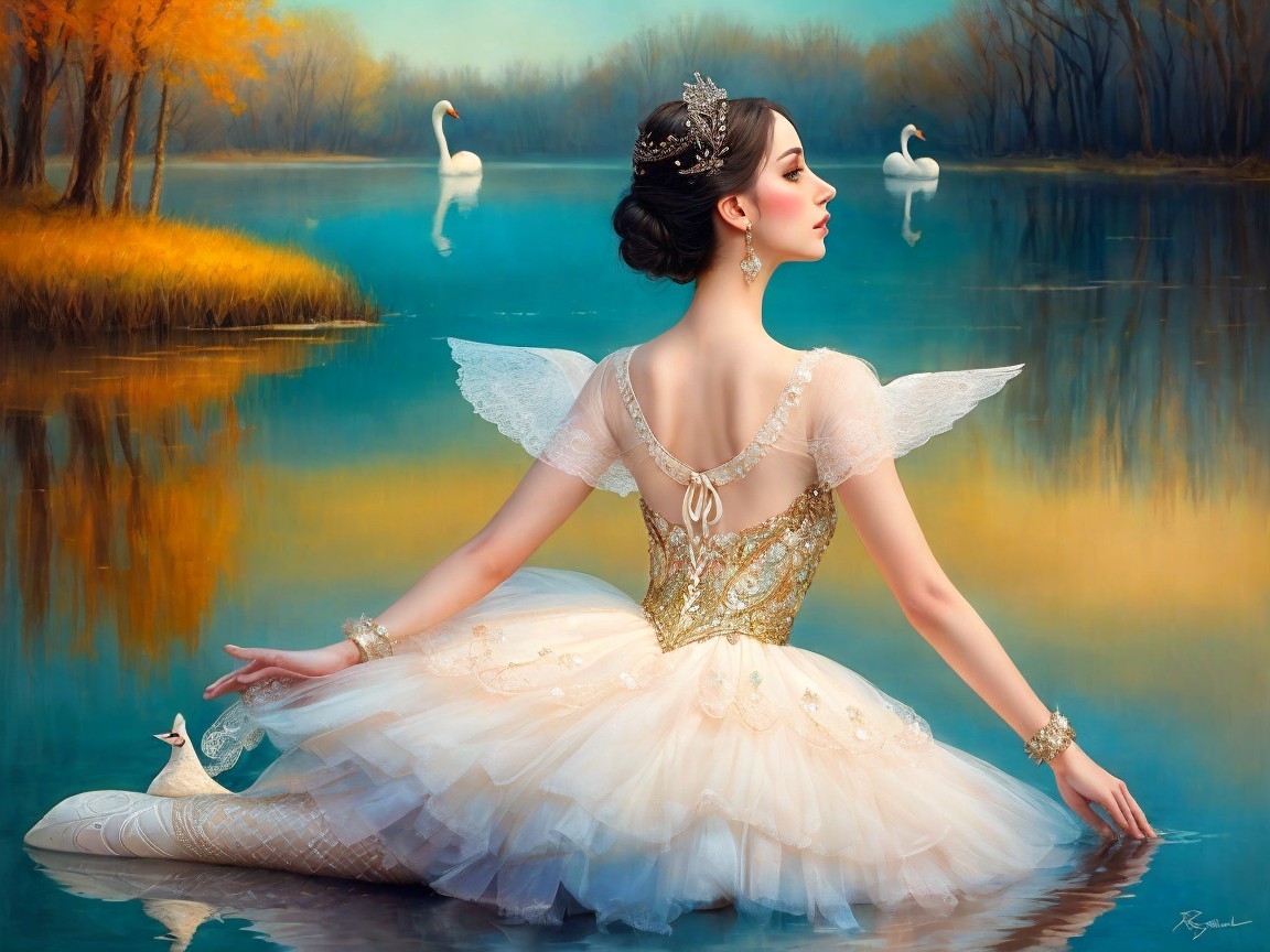 Ballerina in White Tutu by Serene Lake with Swans