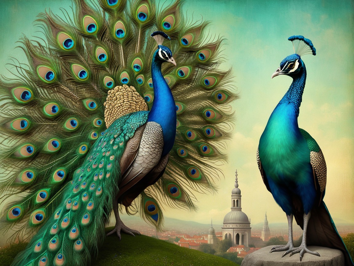 Vibrant Peacocks Display Iridescent Plumage in Nature