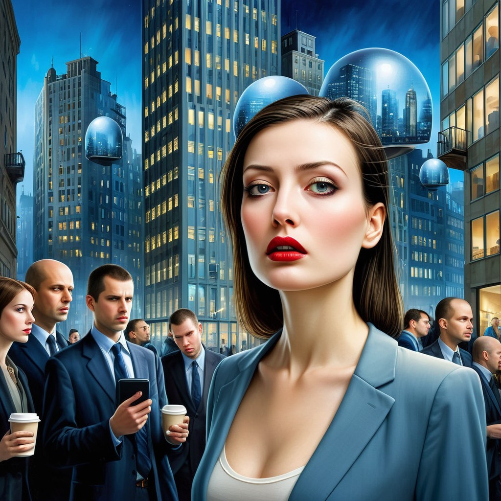 Surreal Urban Scene with Woman and Futuristic Domes