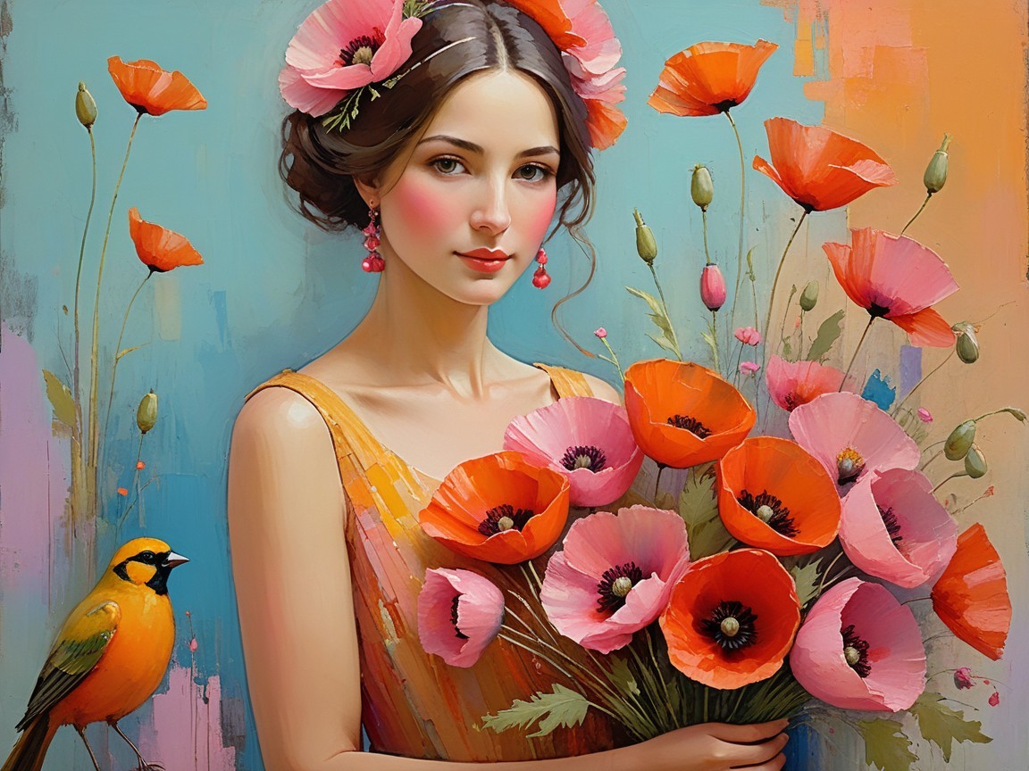 Young Woman with Floral Bouquet and Colorful Bird