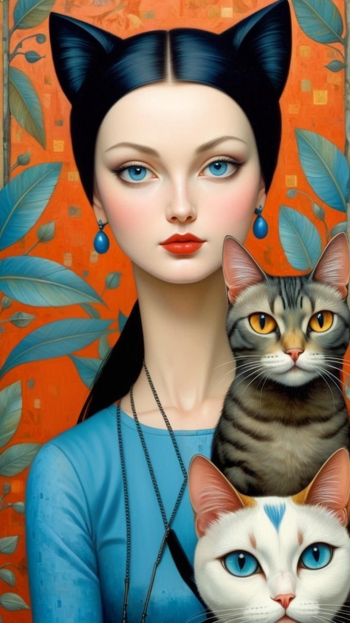 Portrait of Woman with Cat Features and Two Cats