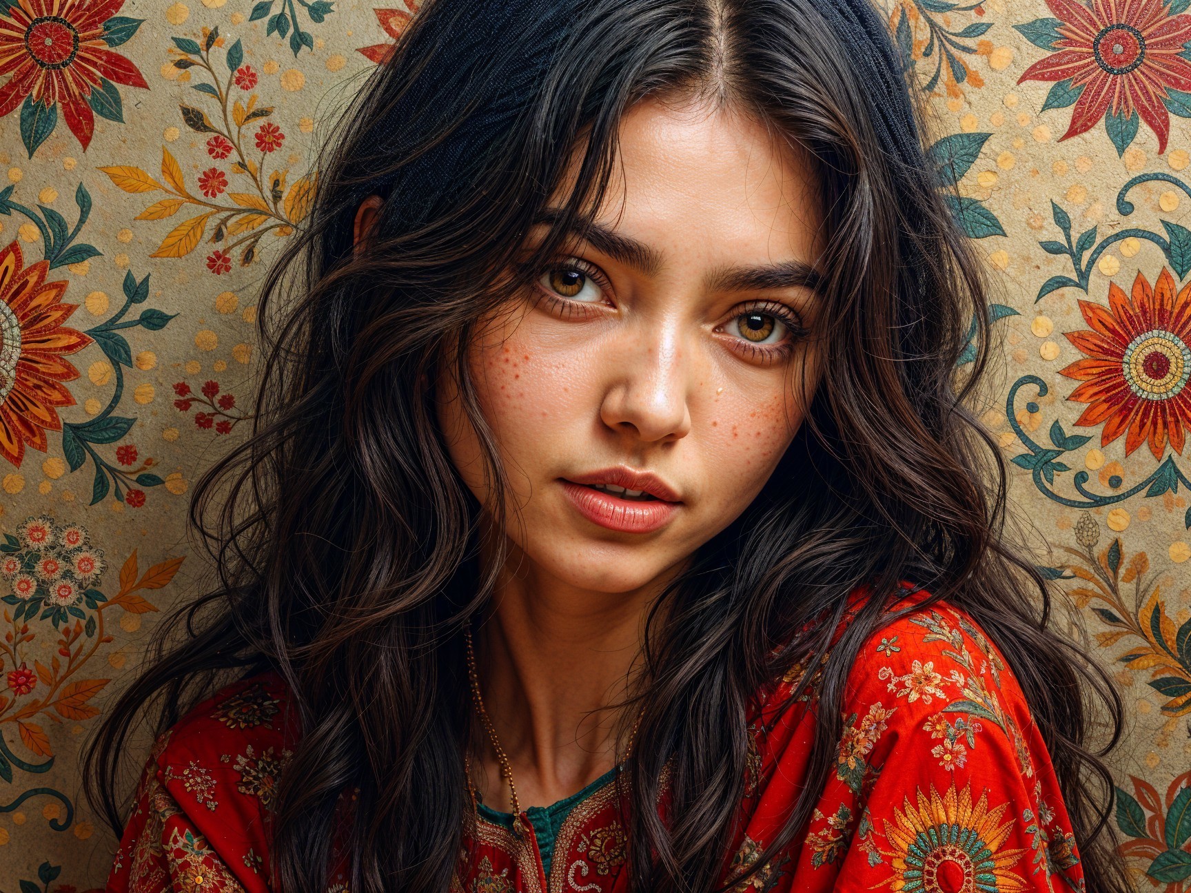Young Woman Posing Against Floral Backdrop