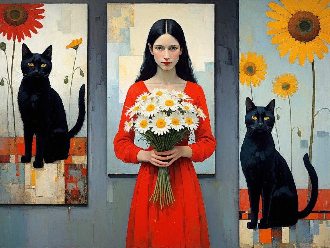 Young woman in red dress with black cats and daisies