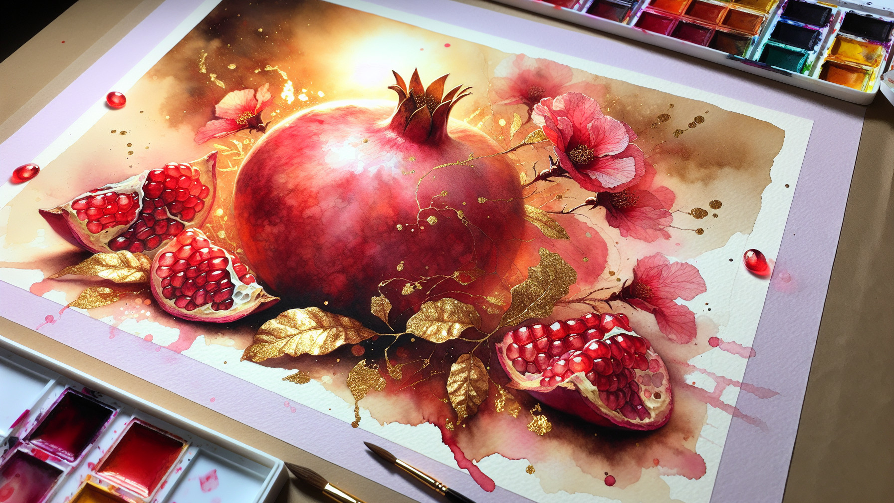 Vibrant Pomegranate Surrounded by Pink Flowers and Leaves