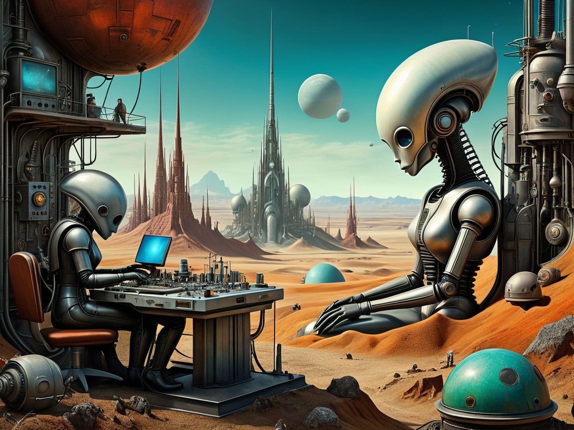 Advanced Robots in a Surreal Alien Landscape