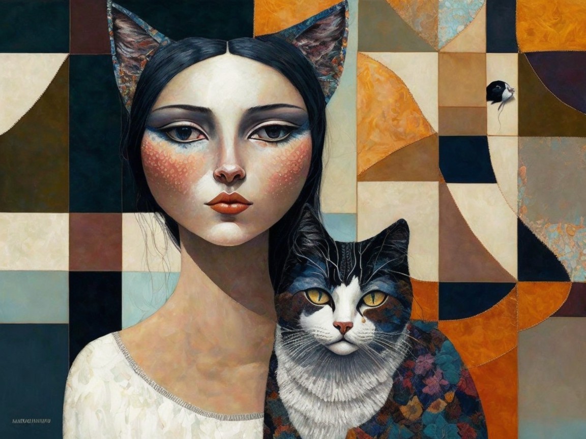 Surreal Portrait of Woman and Cat with Dreamlike Elements