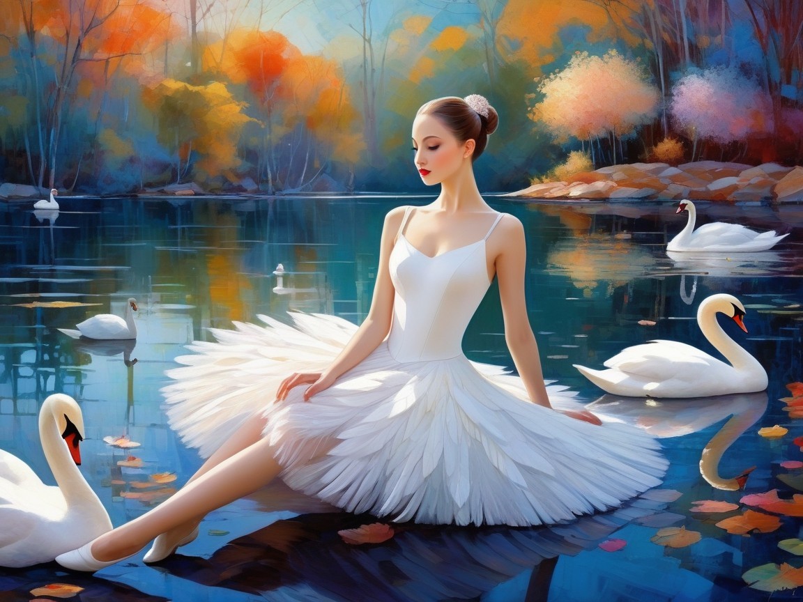 Dancer in Tutu by Autumn Lake with Swans