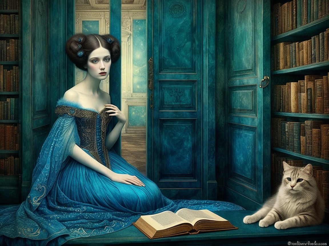 Serene Woman in Blue Gown in Cozy Library Setting
