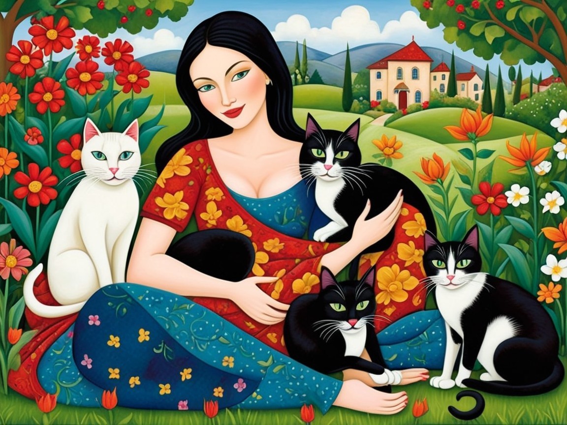 Serene Woman in Colorful Gown with Cats in Garden