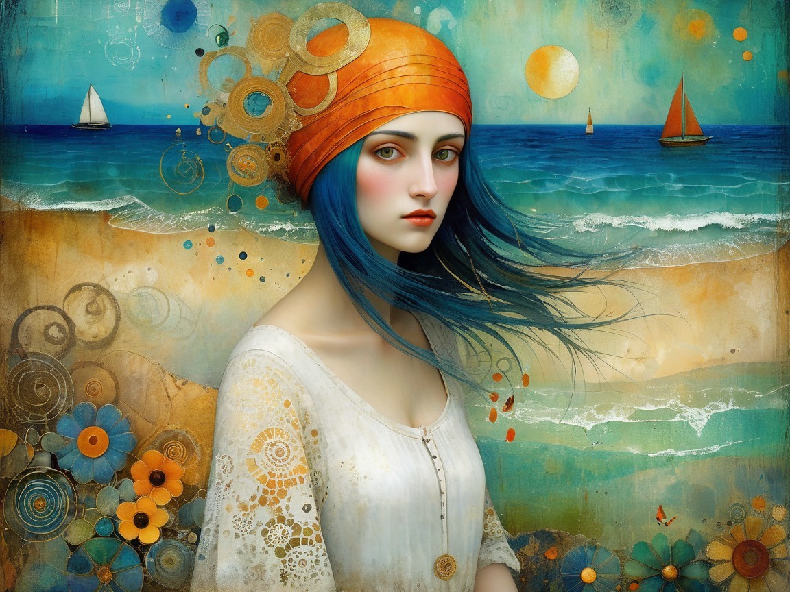Young Woman with Blue Hair at a Seaside Scene