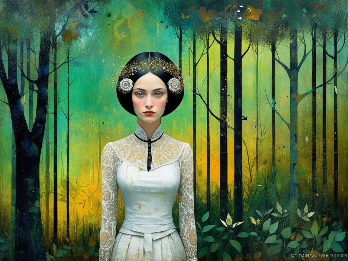 Young Woman in Vibrant Forest with Elegant Dress