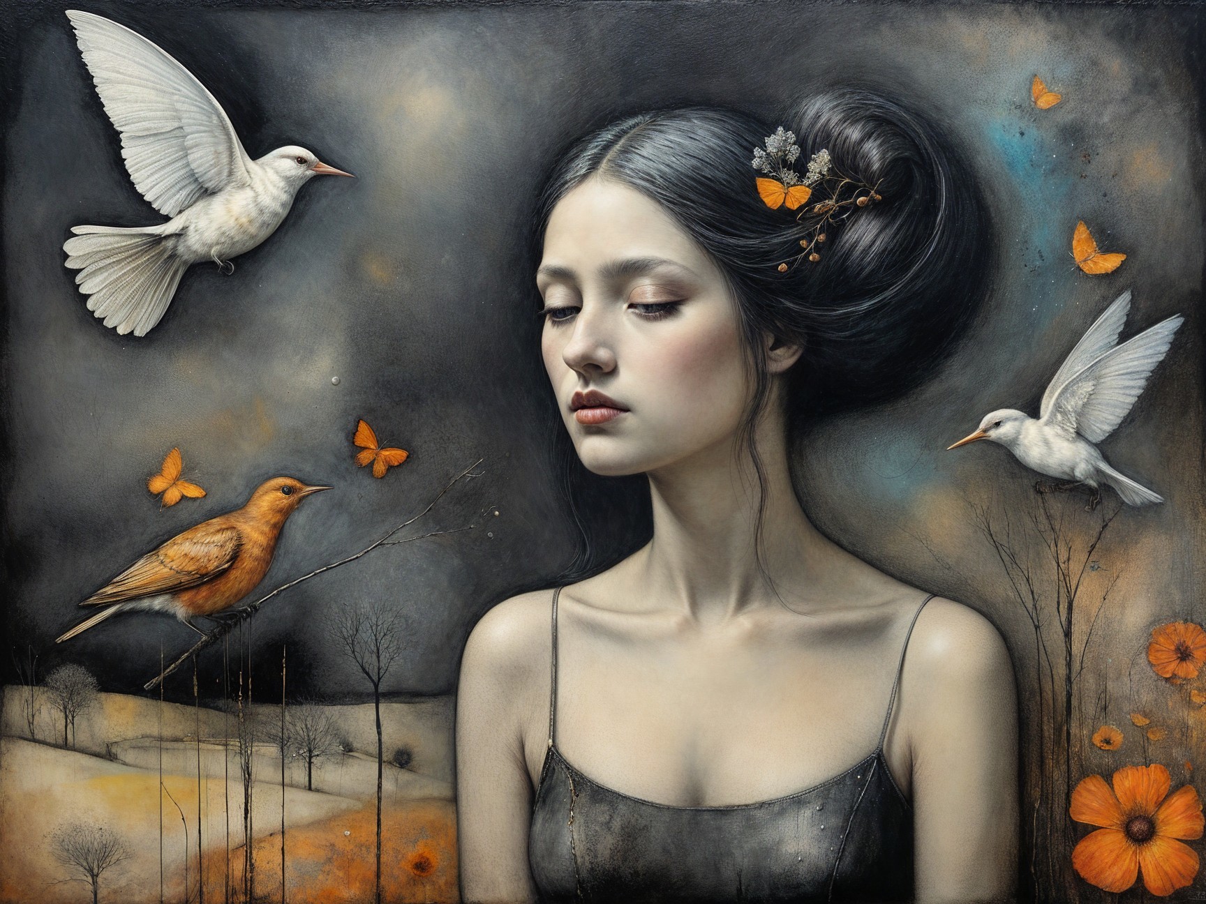 Serene Young Woman in Dreamlike Natural Landscape
