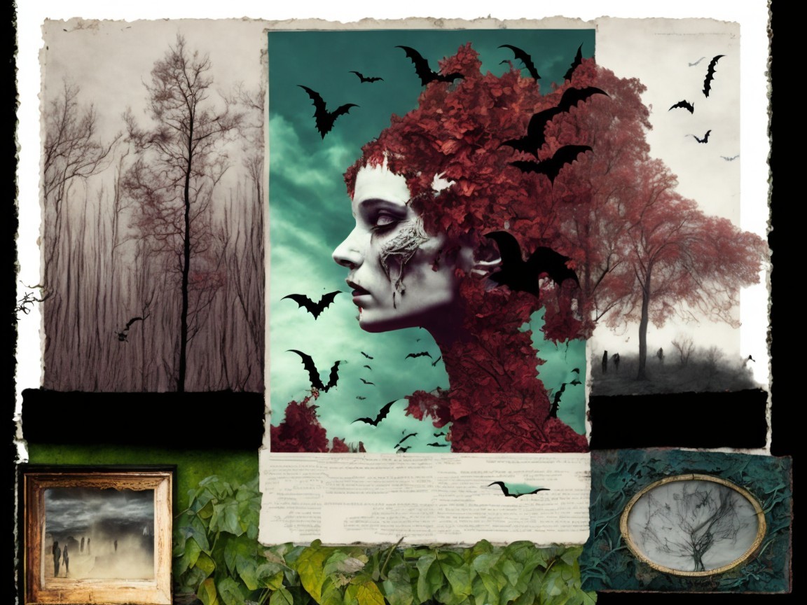 Surreal Collage of Woman with Red Foliage and Bats