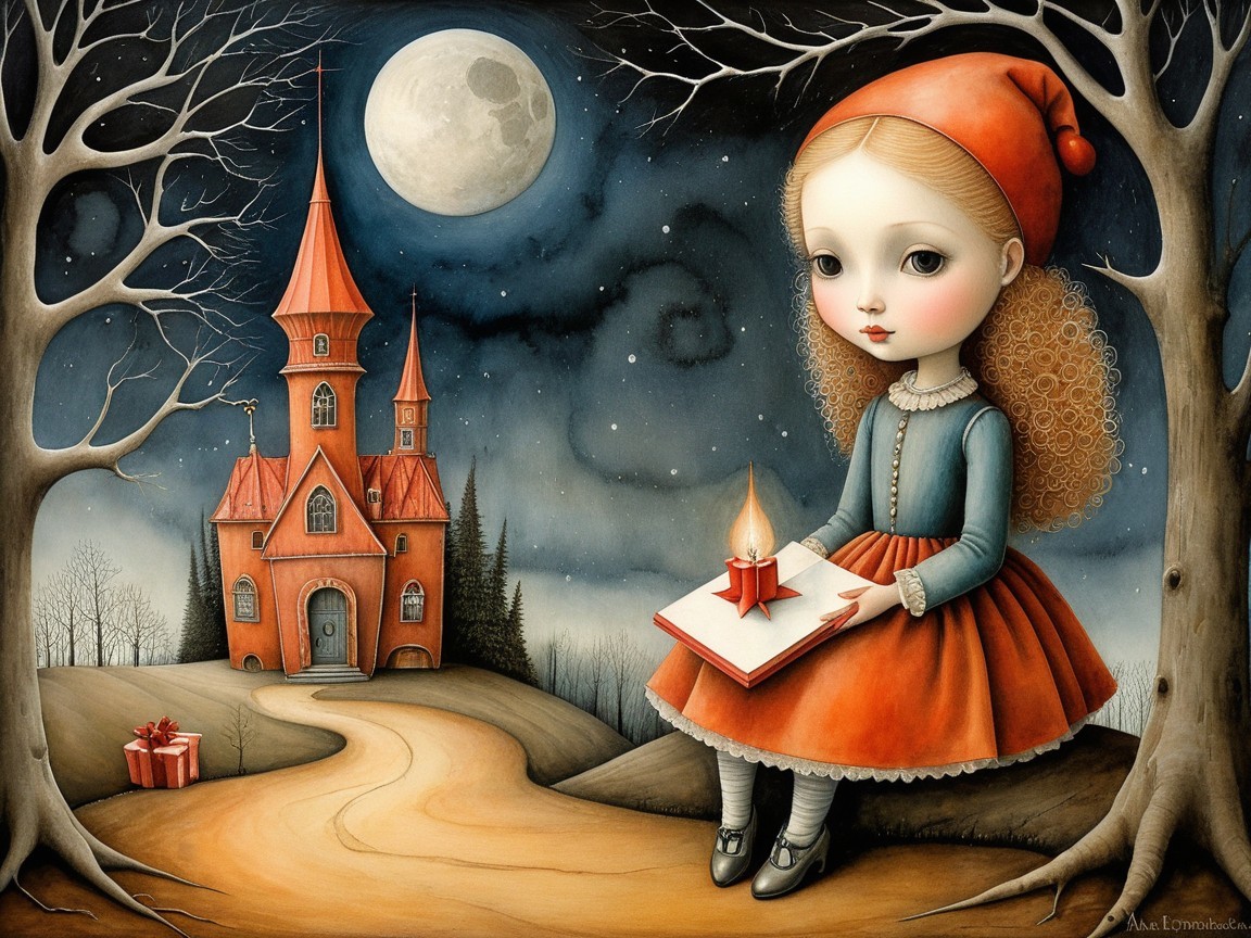 Whimsical Scene of Girl with Book by Orange Castle
