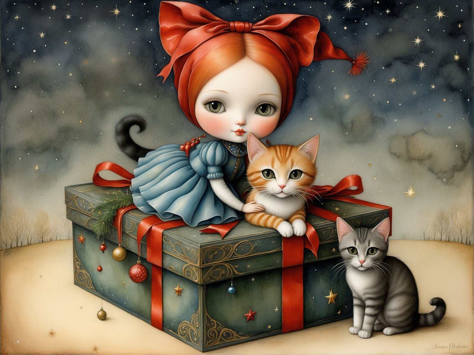 Whimsical Scene of Girl with Cats Under Starry Sky