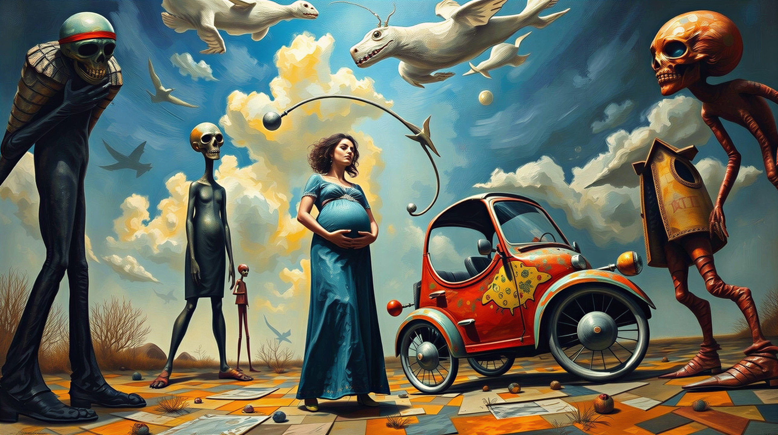 Surreal Landscape with Pregnant Woman and Whimsical Car