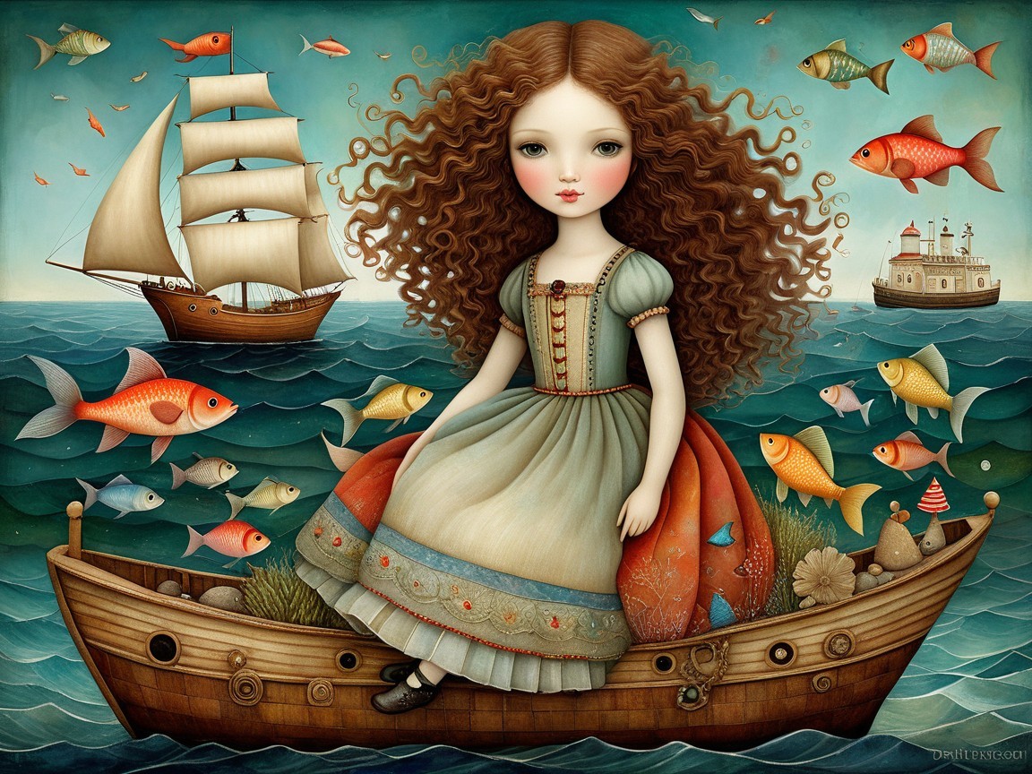Young Girl in Wooden Boat Surrounded by Colorful Ocean