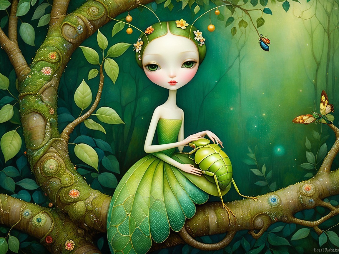 Whimsical Fairy Figure on Twisted Tree Branch