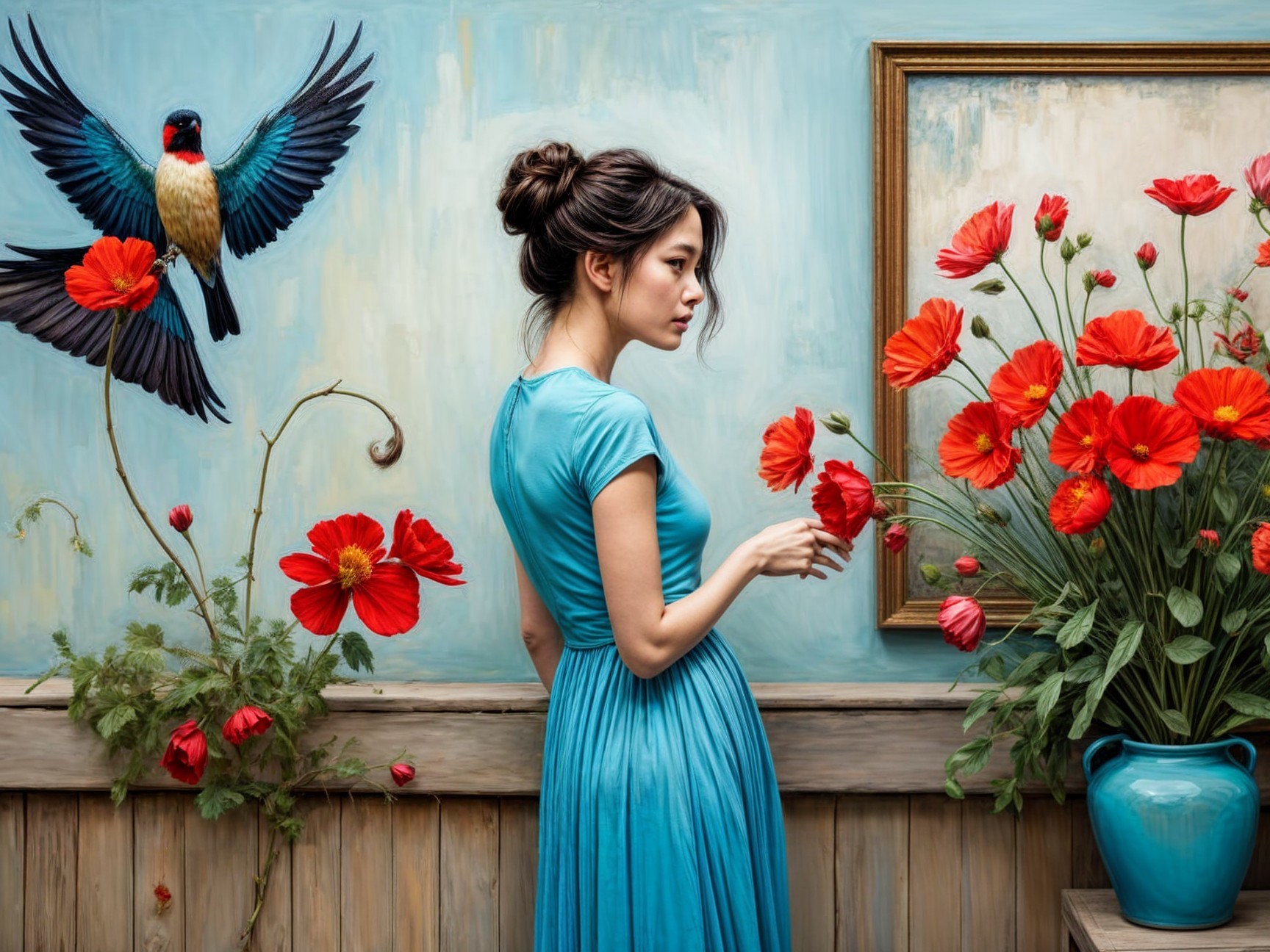 Woman in Blue Dress by Colorful Mural and Flowers
