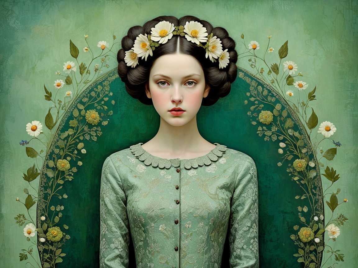 Elegant Young Woman in Vintage Mint-Green Gown