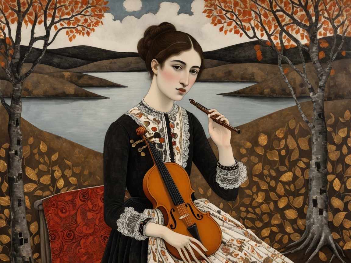 Young Woman Playing Flute by Tranquil Autumn Lake