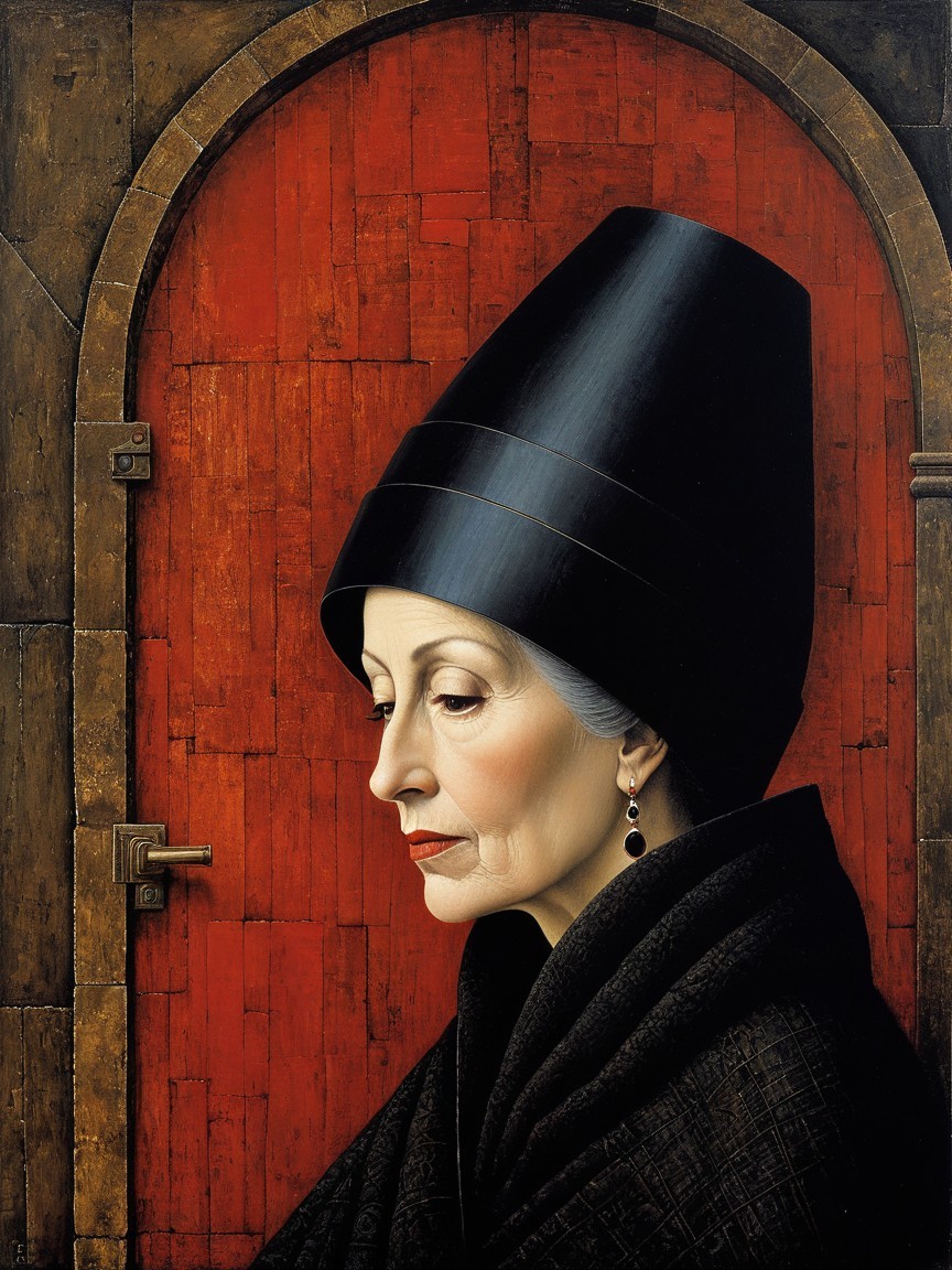 Elderly Woman's Profile with Black Hat and Red Background