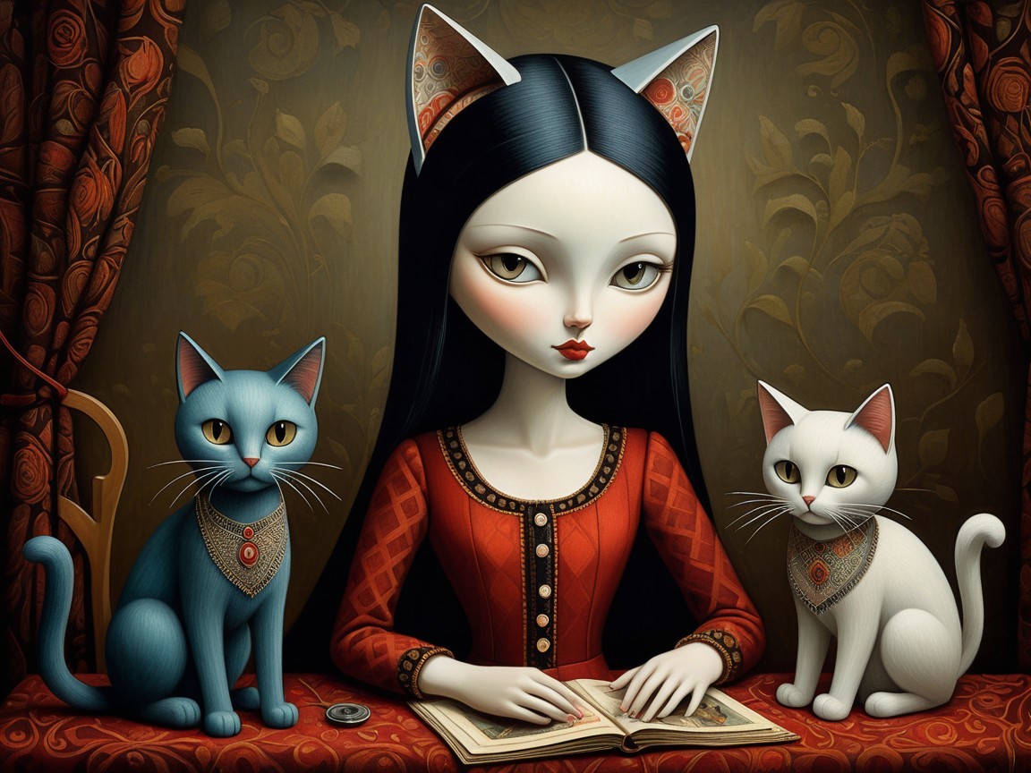 Woman with Cat Features Surrounded by Two Cats