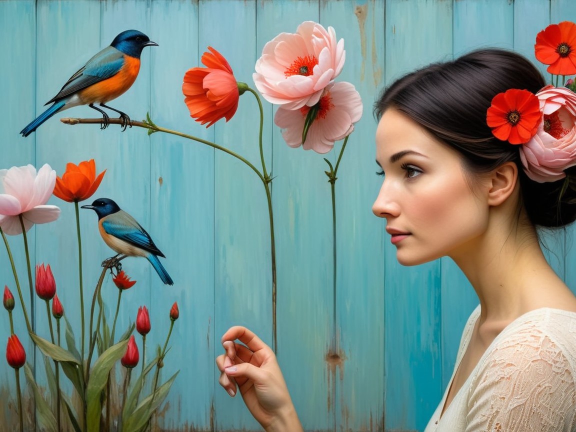 Young Woman with Flowers and Colorful Birds in Nature