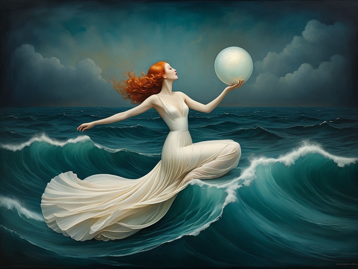 Red-haired woman in white dress on ocean waves