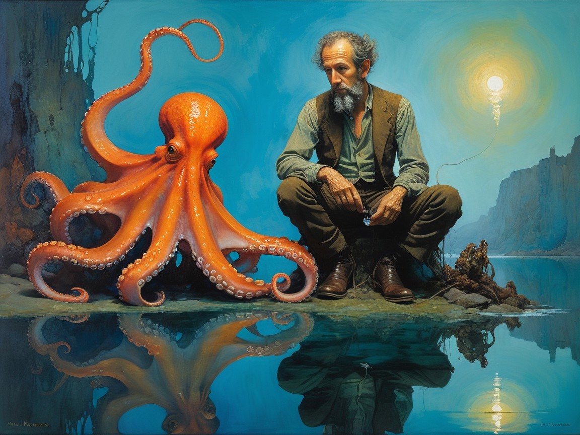 Older man observes vibrant orange octopus by shoreline