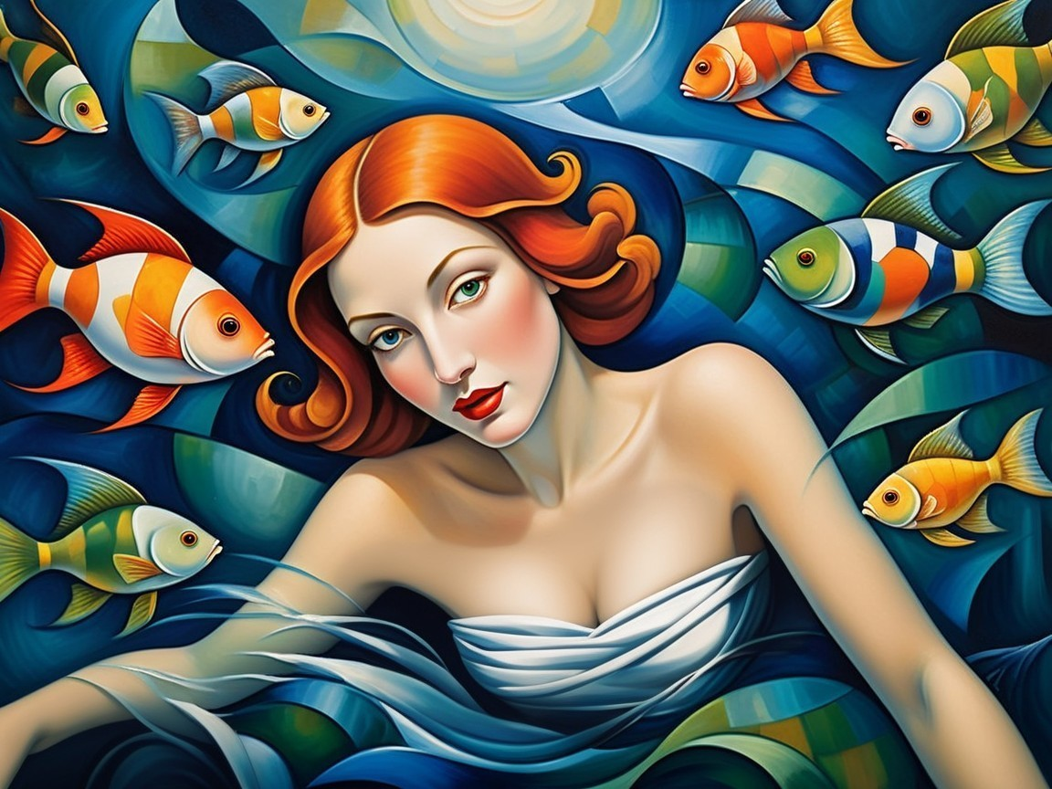 Underwater Scene with Woman in White Gown and Fish