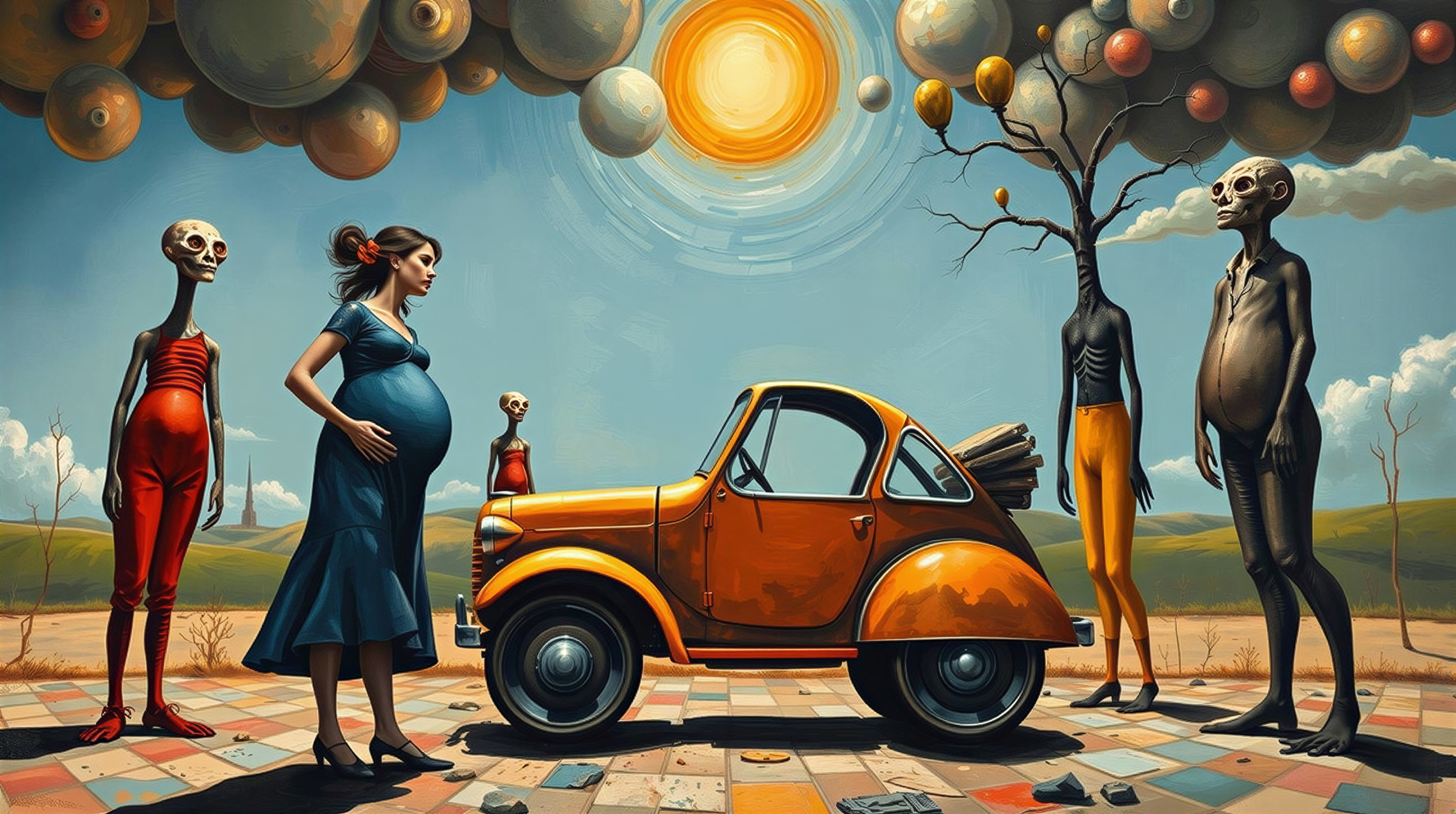 Surreal Scene of Pregnant Woman and Skeletal Figures