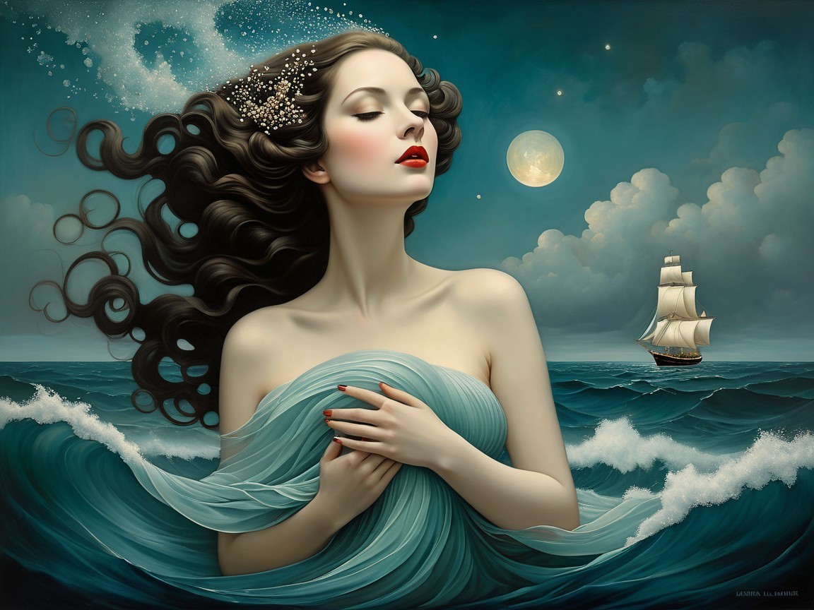 Serene Woman in Azure Fabric with Turbulent Waves