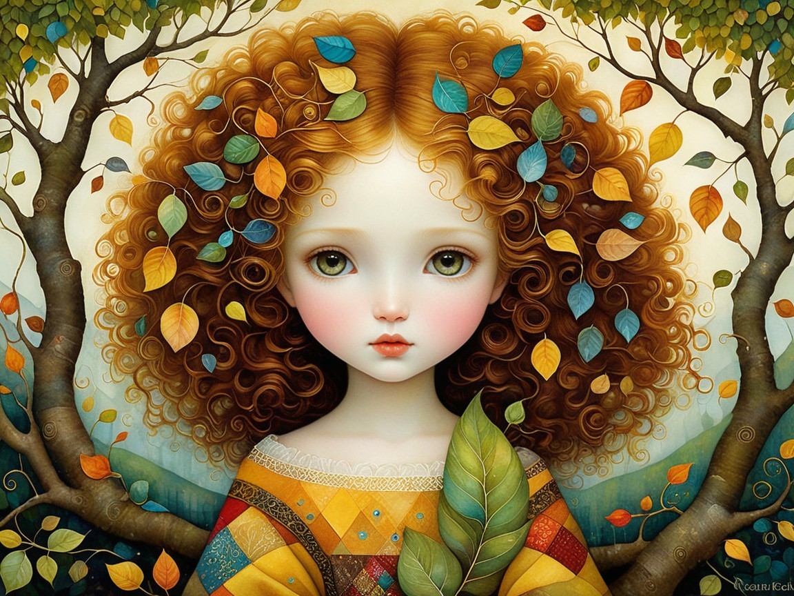 Whimsical Girl with Curly Red Hair in Autumn Scene