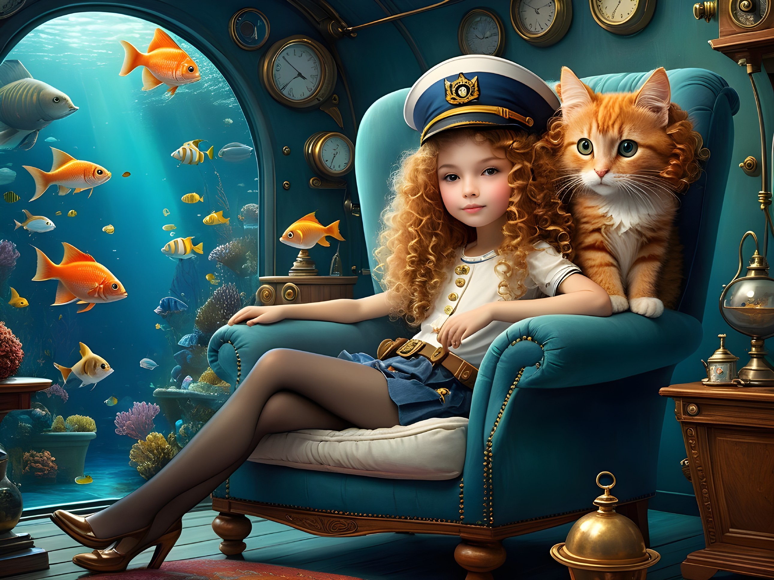 Whimsical Underwater Scene with Girl and Cat