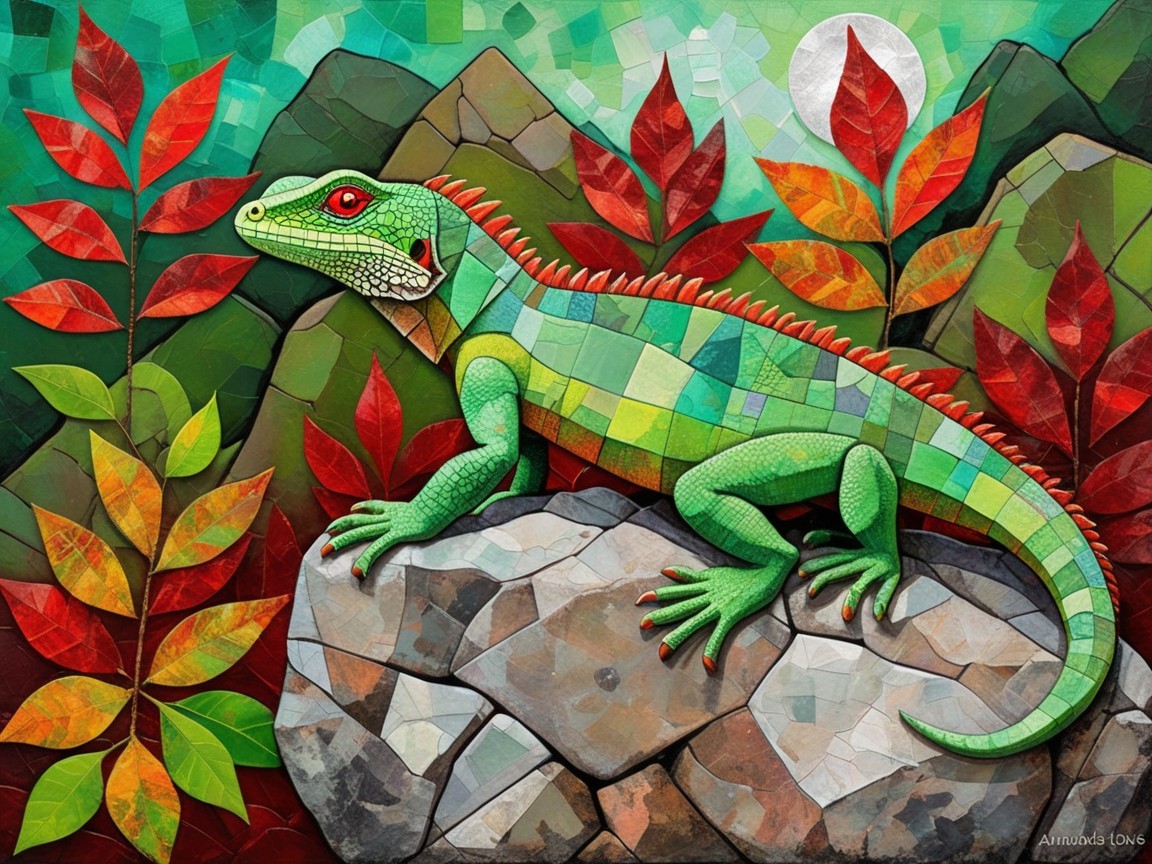 Vibrant Mosaic Artwork of a Green Lizard on Rock
