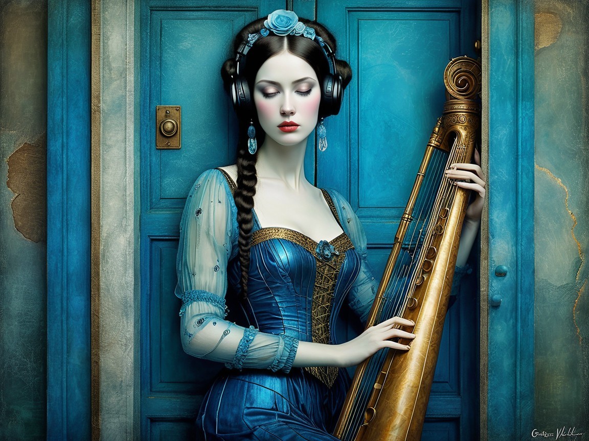Elegant Woman in Blue Gown with Harp and Headphones