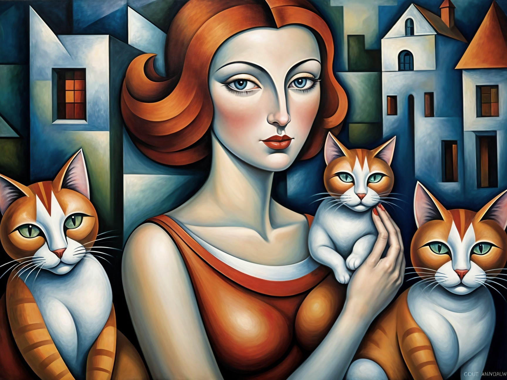 Stylized portrait of a woman with red hair and cats