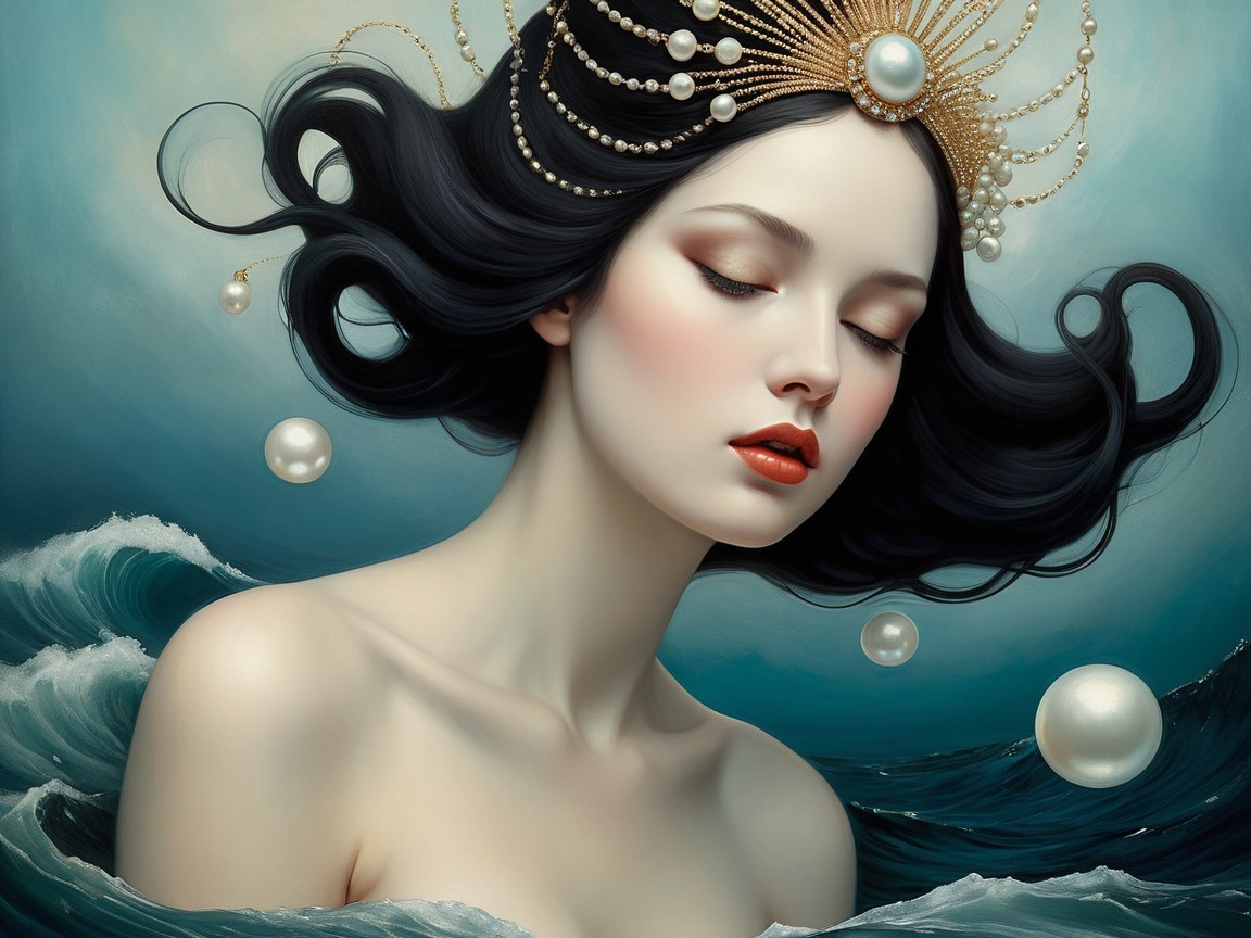 Ethereal Woman in Ocean Waves with Pearls and Crown