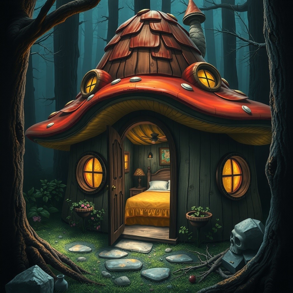 Whimsical Mushroom House in Enchanted Forest Setting