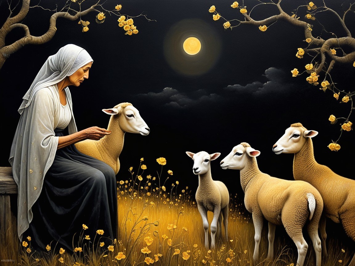 Elderly Woman with Sheep Under Full Moon at Night