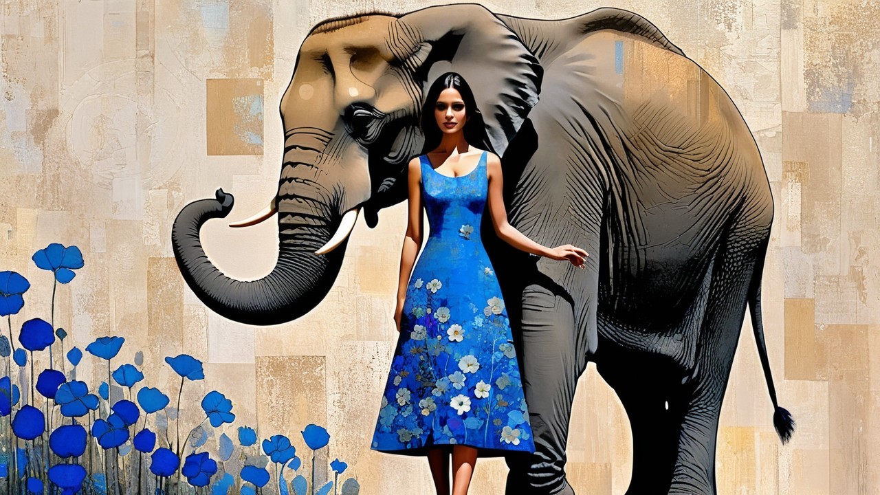 Woman in Blue Floral Dress with Elephant Background