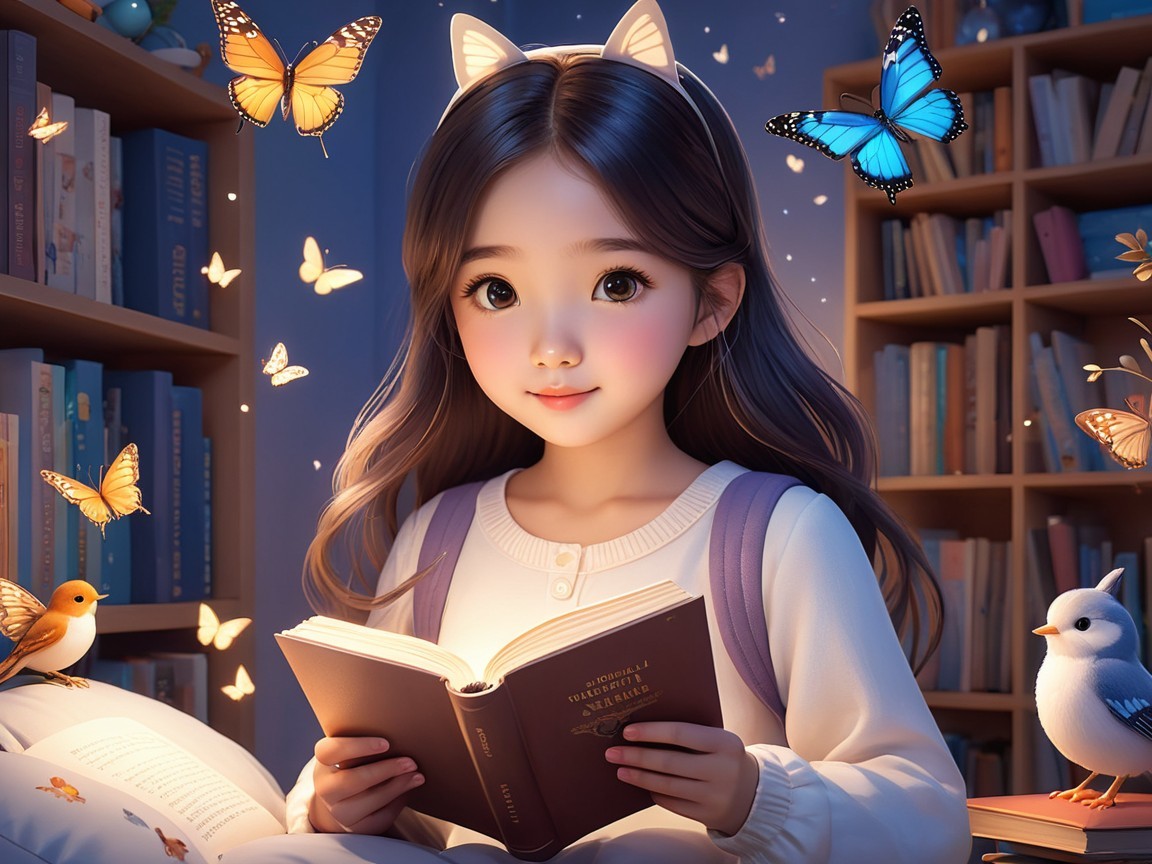 Young girl reading in a cozy, whimsical room