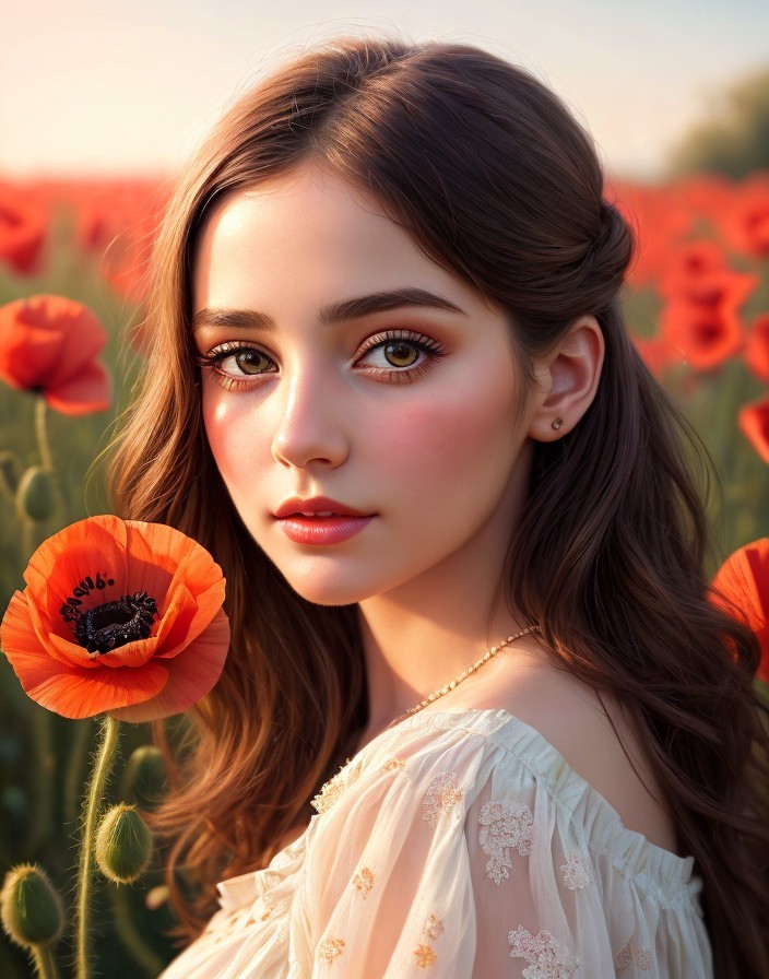 Young woman in poppy field with soft sunlight ambiance