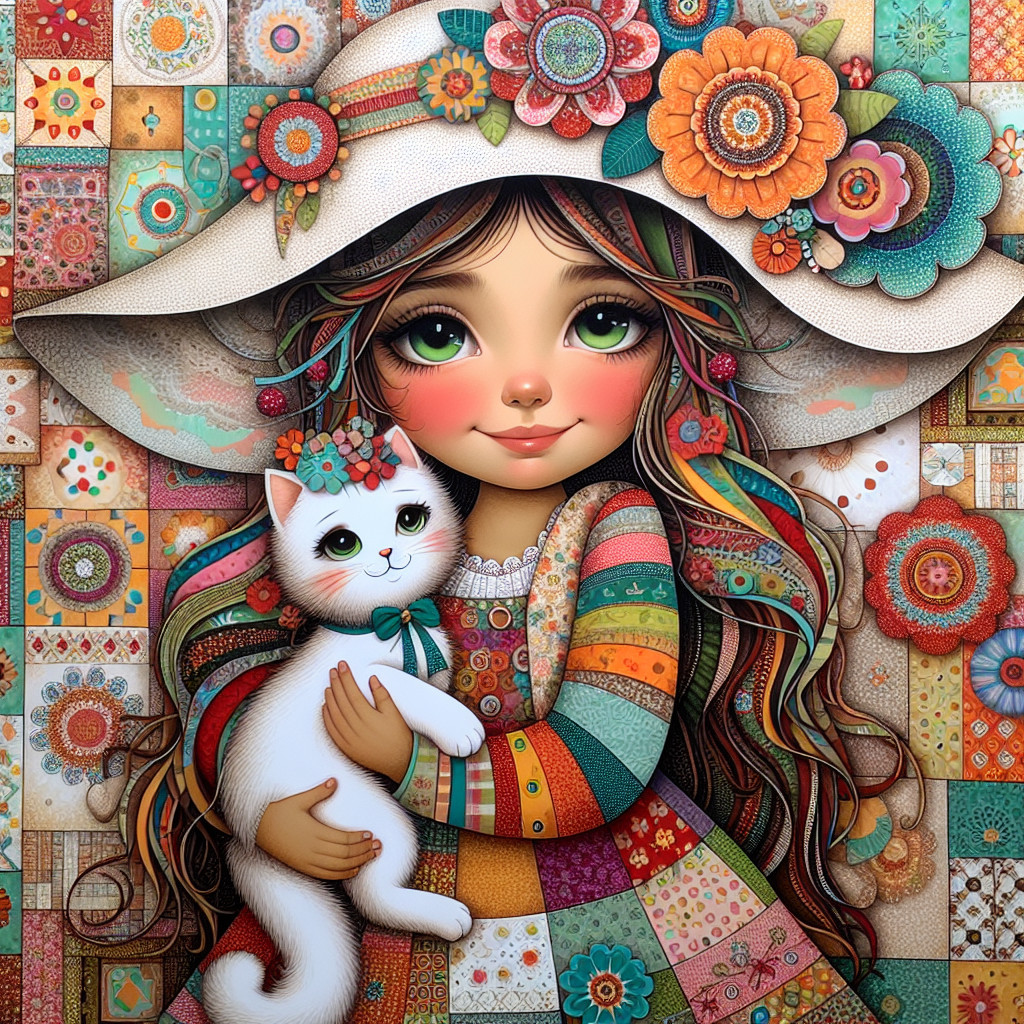 Whimsical Illustration of Girl with Cat and Flowers