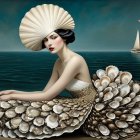 Woman in Seashell Gown at Serene Beach Scene